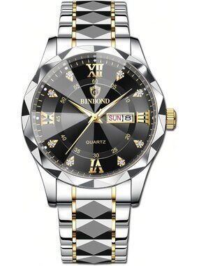 Unisex Silver Black Analog Stainless Steel Roman Numeral Diamond Luxury Watch